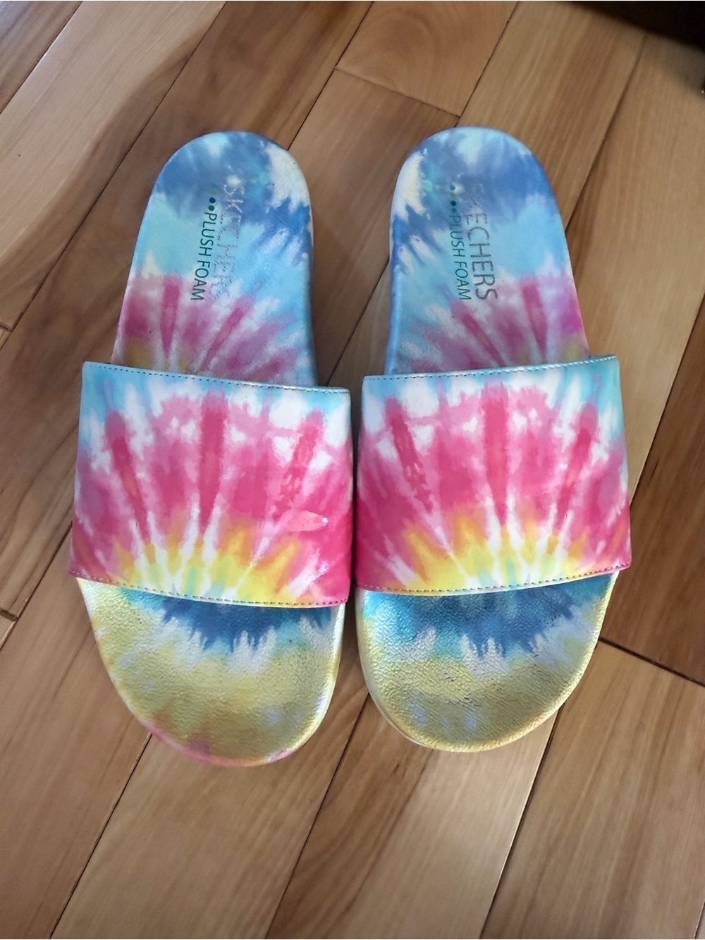 Skechers Tie-Dye Plush Foam Slide Sandals - Pink Blue Yellow